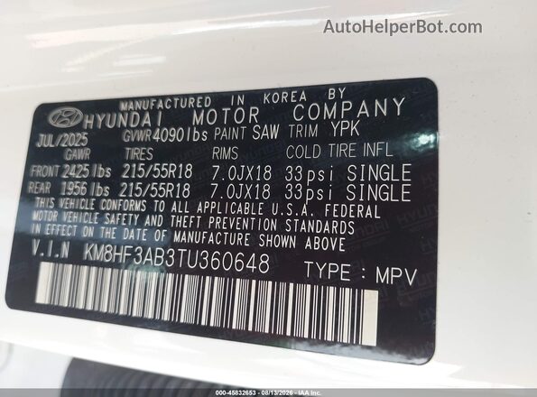 KM8HF3AB3TU360648 2026 HYUNDAI KONA White Вид підкапотного простору