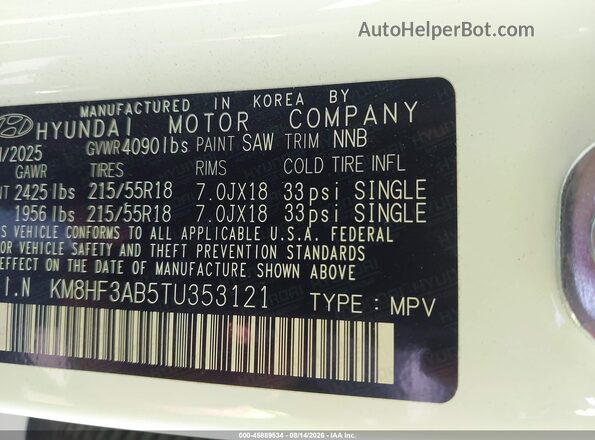 KM8HF3AB5TU353121 2026 HYUNDAI KONA White Vista del compartimento del motor