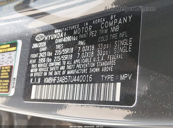 KM8HF3AB5TU440016 2026 HYUNDAI KONA Gray Engine compartment view