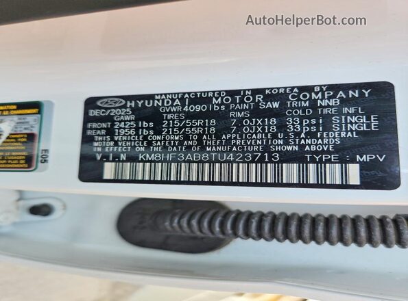 KM8HF3AB8TU423713 2026 HYUNDAI KONA White VIN კოდის სტიკერის ხედი