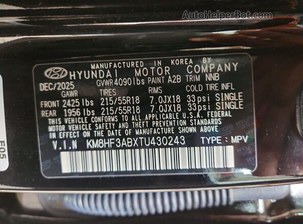 KM8HF3ABXTU430243 2026 HYUNDAI KONA Black Вид наклейки з VIN-кодом