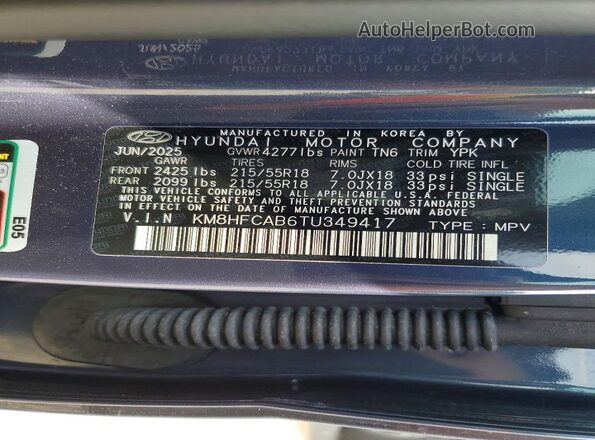 KM8HFCAB6TU349417 2026 HYUNDAI KONA Blue VIN sticker view
