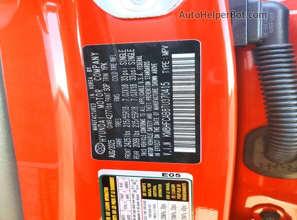 KM8HFCAB8TU370415 2026 HYUNDAI KONA Orange VIN კოდის სტიკერის ხედი