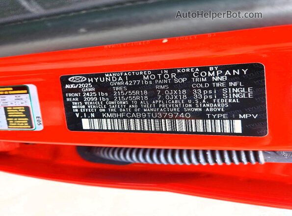 KM8HFCAB9TU379740 2026 HYUNDAI KONA Оранжевый Вид наклейки с VIN-кодом
