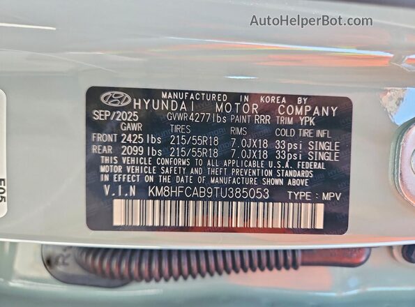 KM8HFCAB9TU385053 2026 HYUNDAI KONA Gray VIN կոդի պիտակի տեսք