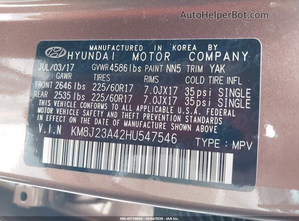 KM8J23A42HU547546 2017 HYUNDAI TUCSON Brown Vista del compartimento del motor