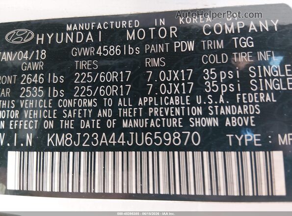 KM8J23A44JU659870 2018 HYUNDAI TUCSON White Vista del compartimento del motor