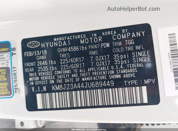 KM8J23A44JU689449 2018 HYUNDAI TUCSON White Widok komory silnika