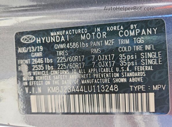 KM8J23A44LU113248 2020 HYUNDAI TUCSON Серый Вид наклейки с VIN-кодом