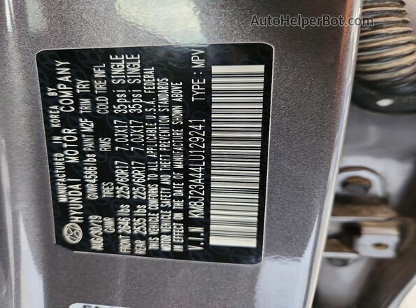 KM8J23A44LU129241 2020 HYUNDAI TUCSON Gray Սալոնի 360 աստիճան տեսք