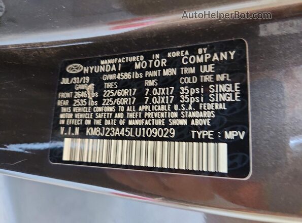 KM8J23A45LU109029 2020 HYUNDAI TUCSON Черный Вид наклейки с VIN-кодом