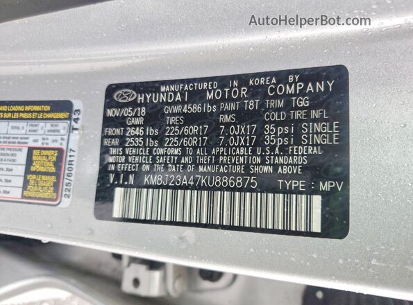 KM8J23A47KU886875 2019 HYUNDAI TUCSON Серебряный Вид наклейки с VIN-кодом