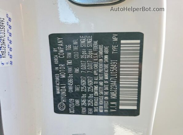 KM8J23A47LU158491 2020 HYUNDAI TUCSON White VIN კოდის სტიკერის ხედი