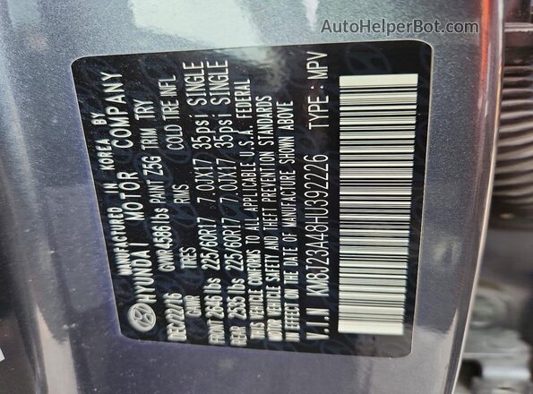 KM8J23A48HU392226 2017 HYUNDAI TUCSON Gray Вид наклейки з VIN-кодом