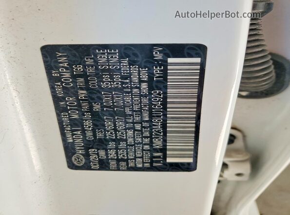 KM8J23A48LU164929 2020 HYUNDAI TUCSON White Widok naklejki z numerem VIN
