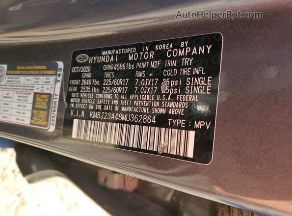 KM8J23A48MU362864 2021 HYUNDAI TUCSON Gray Vista de la etiqueta del VIN