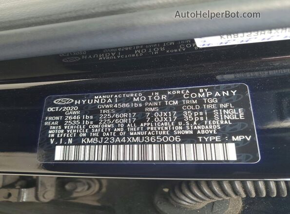 KM8J23A4XMU365006 2021 HYUNDAI TUCSON Black Widok naklejki z numerem VIN