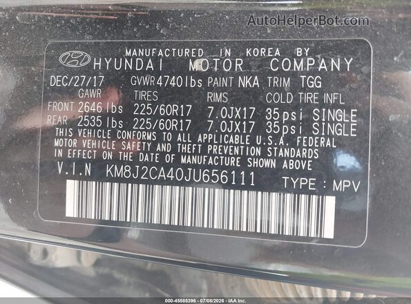KM8J2CA40JU656111 2018 HYUNDAI TUCSON Black Widok komory silnika