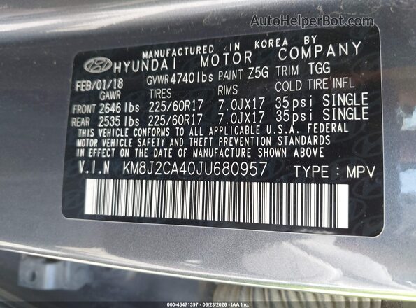 KM8J2CA40JU680957 2018 HYUNDAI TUCSON Gray Vista del compartimento del motor