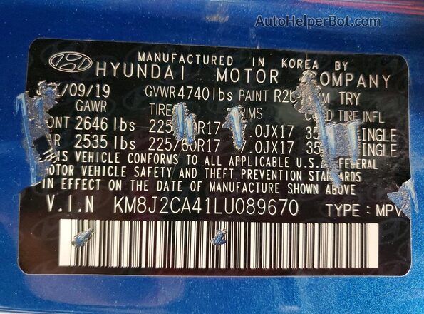KM8J2CA41LU089670 2020 HYUNDAI TUCSON Blue Vista de la etiqueta del VIN