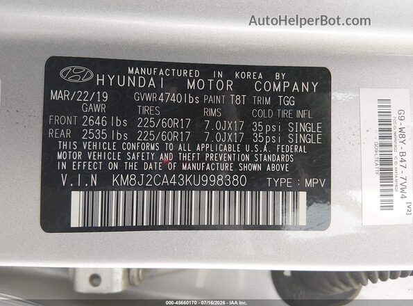 KM8J2CA43KU998380 2019 HYUNDAI TUCSON Silver Engine compartment view