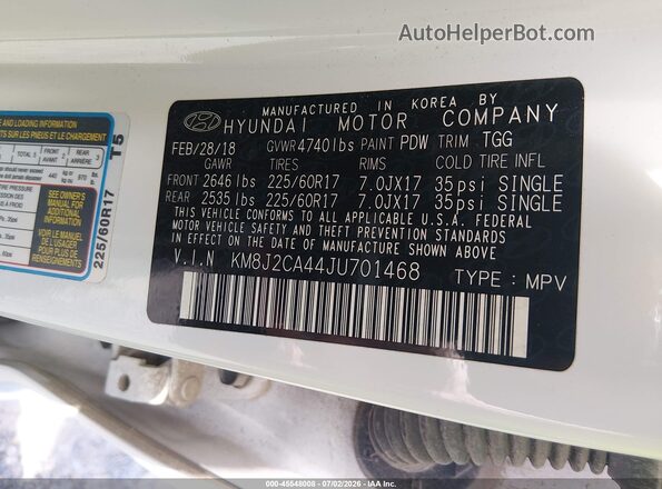 KM8J2CA44JU701468 2018 HYUNDAI TUCSON White Вид підкапотного простору