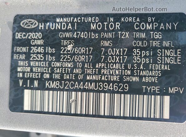 KM8J2CA44MU394629 2021 HYUNDAI TUCSON Silver Vista de la etiqueta del VIN