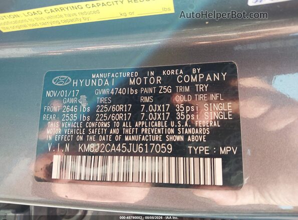 KM8J2CA45JU617059 2018 HYUNDAI TUCSON Gray Շարժիչի բաժամունքի տեսք