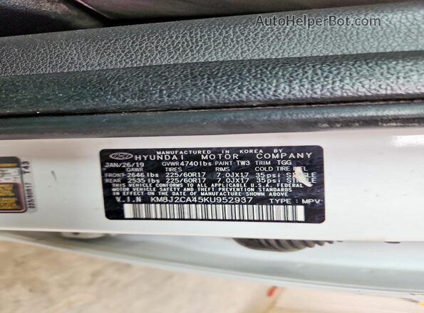 KM8J2CA45KU952937 2019 HYUNDAI TUCSON White VIN կոդի պիտակի տեսք