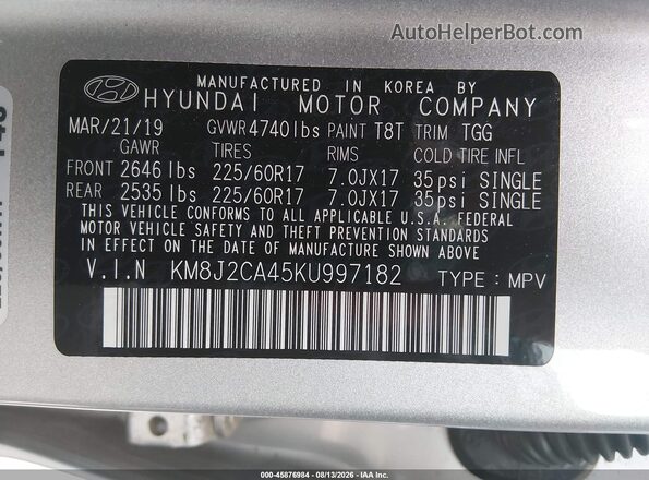 KM8J2CA45KU997182 2019 HYUNDAI TUCSON Silver ძრავის განყოფილების ხედი