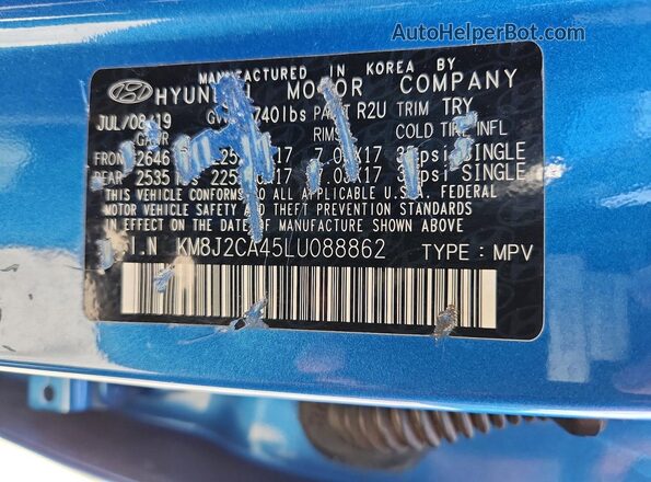 KM8J2CA45LU088862 2020 HYUNDAI TUCSON Синий Вид наклейки с VIN-кодом