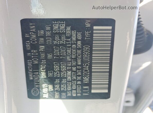 KM8J2CA45LU089090 2020 HYUNDAI TUCSON White VIN կոդի պիտակի տեսք