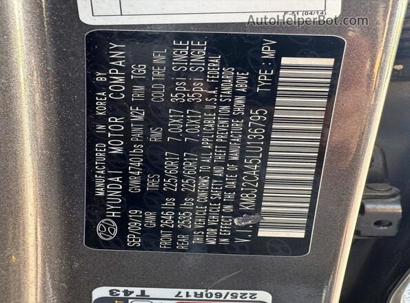 KM8J2CA45LU136795 2020 HYUNDAI TUCSON Серый Вид наклейки с VIN-кодом