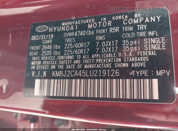 KM8J2CA45LU219126 2020 HYUNDAI TUCSON Red Widok komory silnika
