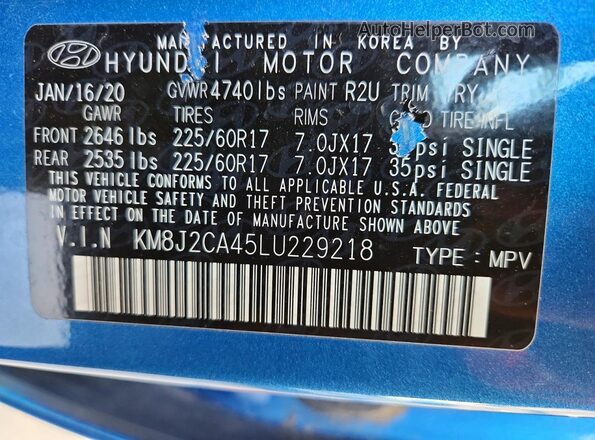 KM8J2CA45LU229218 2020 HYUNDAI TUCSON Синий Вид подкапотного пространства