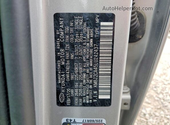 KM8J2CA45LU242437 2020 HYUNDAI TUCSON Silver VIN კოდის სტიკერის ხედი