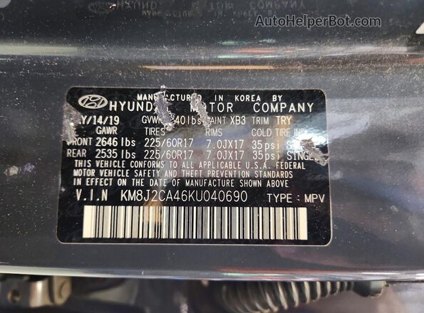 KM8J2CA46KU040690 2019 HYUNDAI TUCSON Charcoal Widok naklejki z numerem VIN