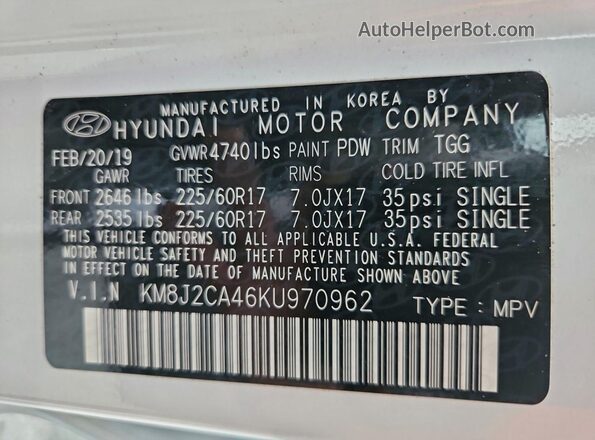 KM8J2CA46KU970962 2019 HYUNDAI TUCSON White 