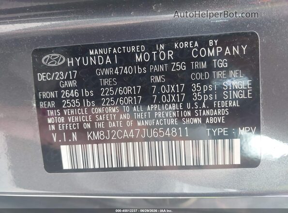KM8J2CA47JU654811 2018 HYUNDAI TUCSON Gray Widok komory silnika