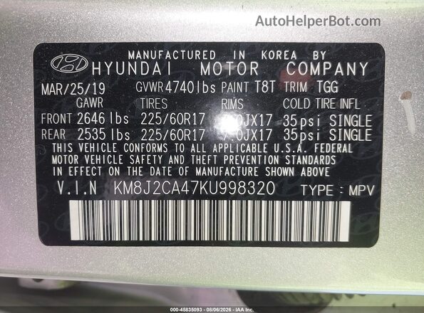 KM8J2CA47KU998320 2019 HYUNDAI TUCSON White Vista del compartimento del motor
