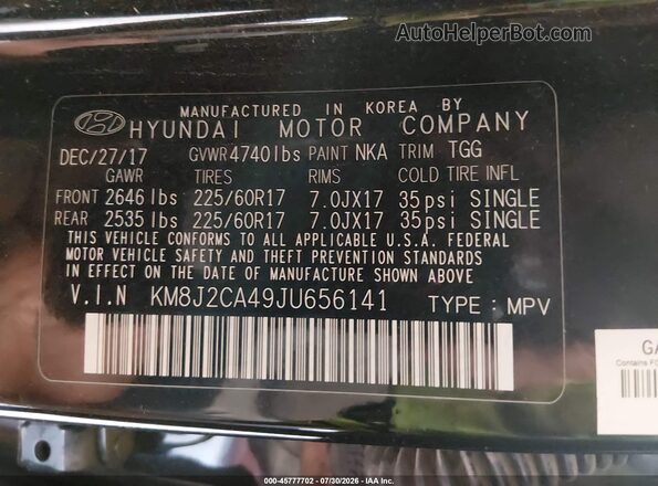KM8J2CA49JU656141 2018 HYUNDAI TUCSON Черный Вид подкапотного пространства