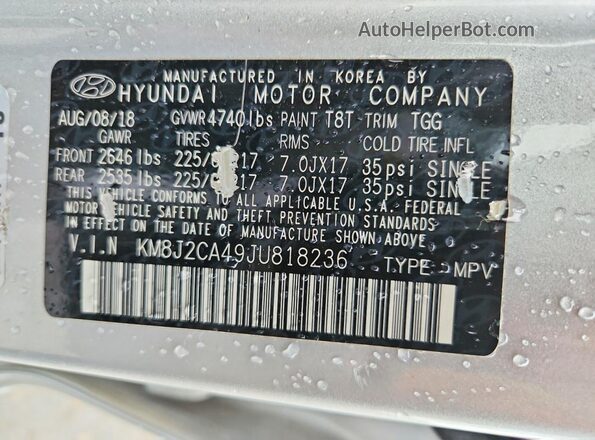 KM8J2CA49JU818236 2018 HYUNDAI TUCSON Silver Vista de la etiqueta del VIN