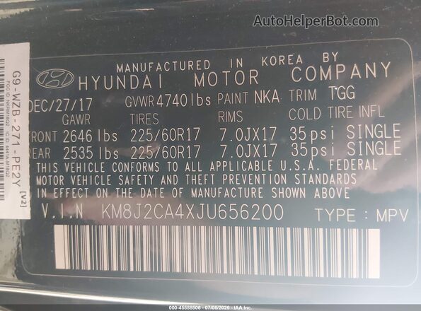 KM8J2CA4XJU656200 2018 HYUNDAI TUCSON Black ძრავის განყოფილების ხედი