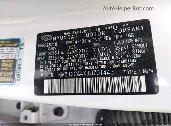KM8J2CA4XJU701443 2018 HYUNDAI TUCSON White Շարժիչի բաժամունքի տեսք