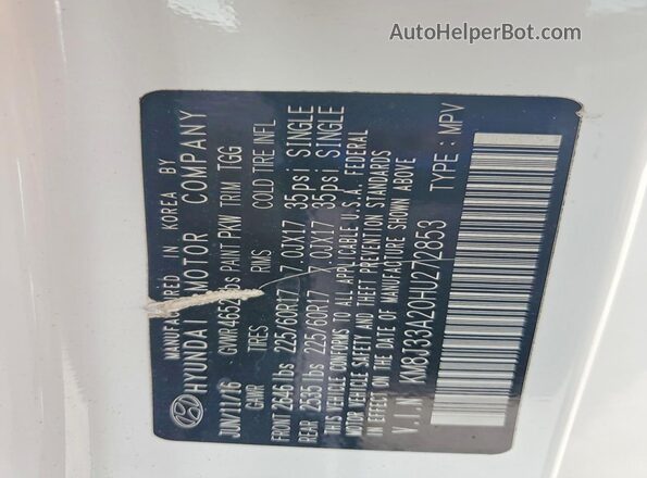 KM8J33A20HU272853 2017 HYUNDAI TUCSON Белый Вид наклейки с VIN-кодом