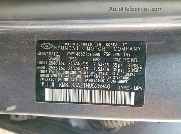 KM8J33A21HU525940 2017 HYUNDAI TUCSON Серый Вид подкапотного пространства