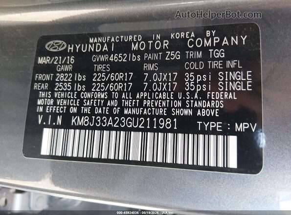 KM8J33A23GU211981 2016 HYUNDAI TUCSON Серый Вид подкапотного пространства