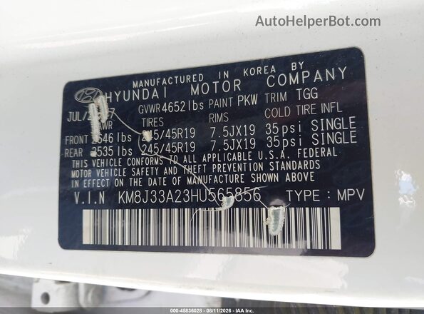 KM8J33A23HU565856 2017 HYUNDAI TUCSON White Widok komory silnika