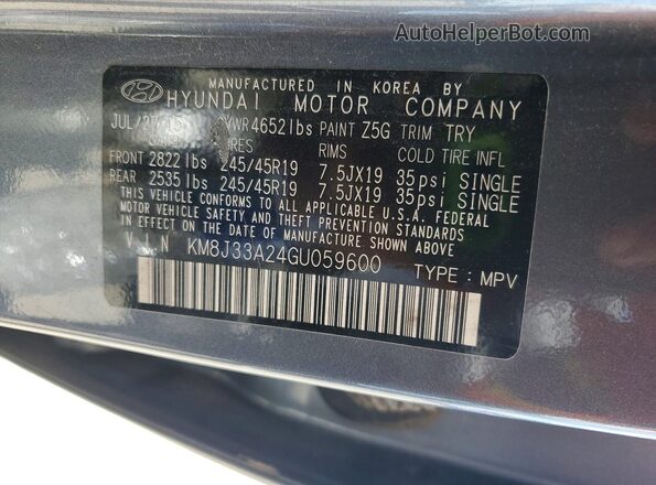 KM8J33A24GU059600 2016 HYUNDAI TUCSON Gray Widok naklejki z numerem VIN
