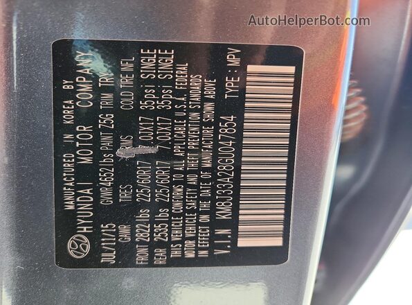 KM8J33A28GU047854 2016 HYUNDAI TUCSON Gray VIN კოდის სტიკერის ხედი